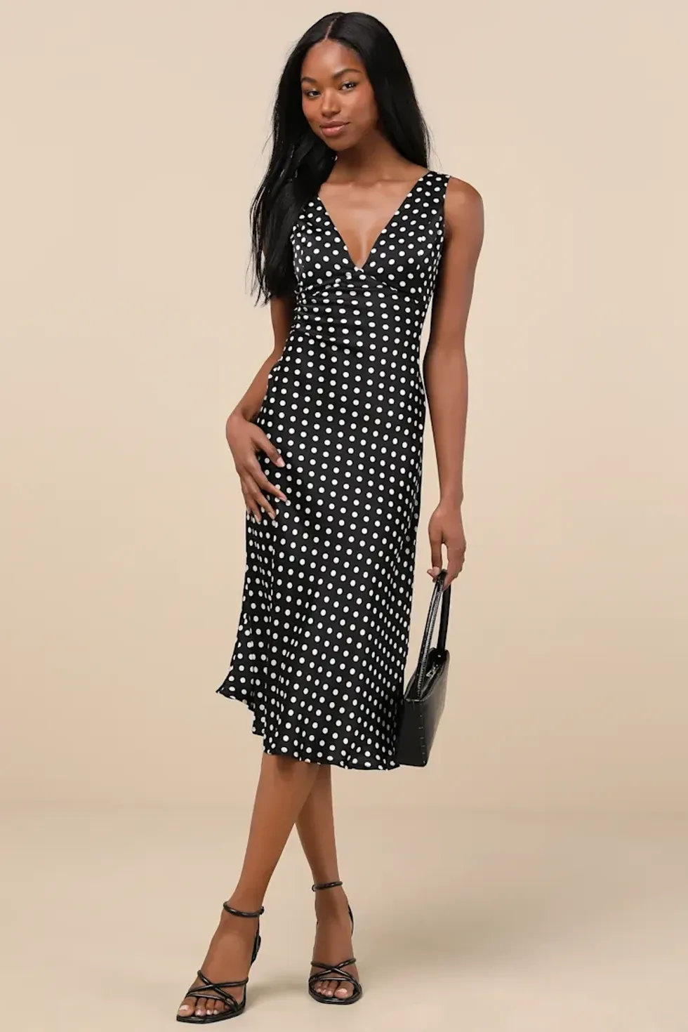 Lulu's Black Polka Dot Satin Midi Dress