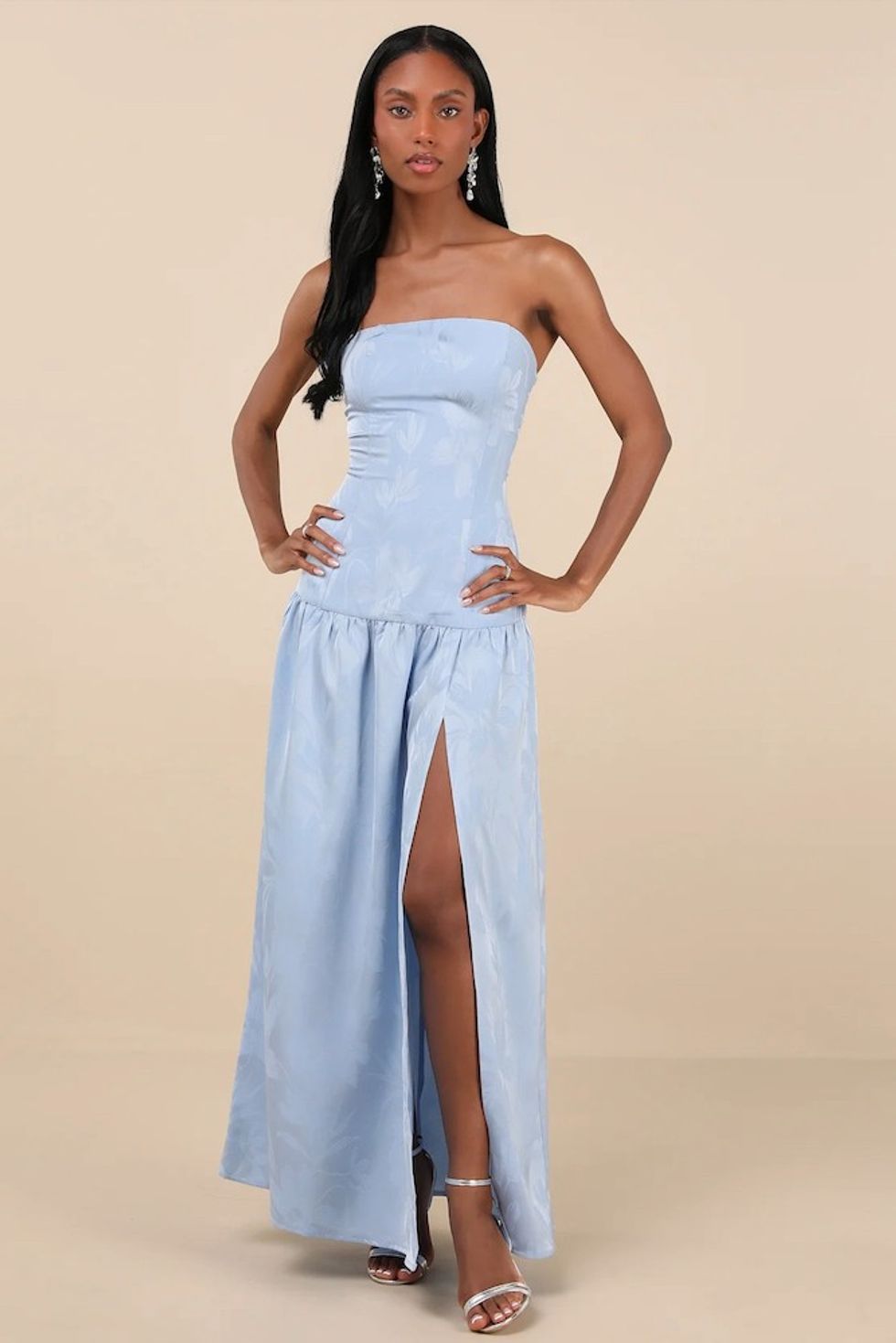 Lulu's Gemmi Light Blue Satin Jacquard Drop Waist Maxi Dress