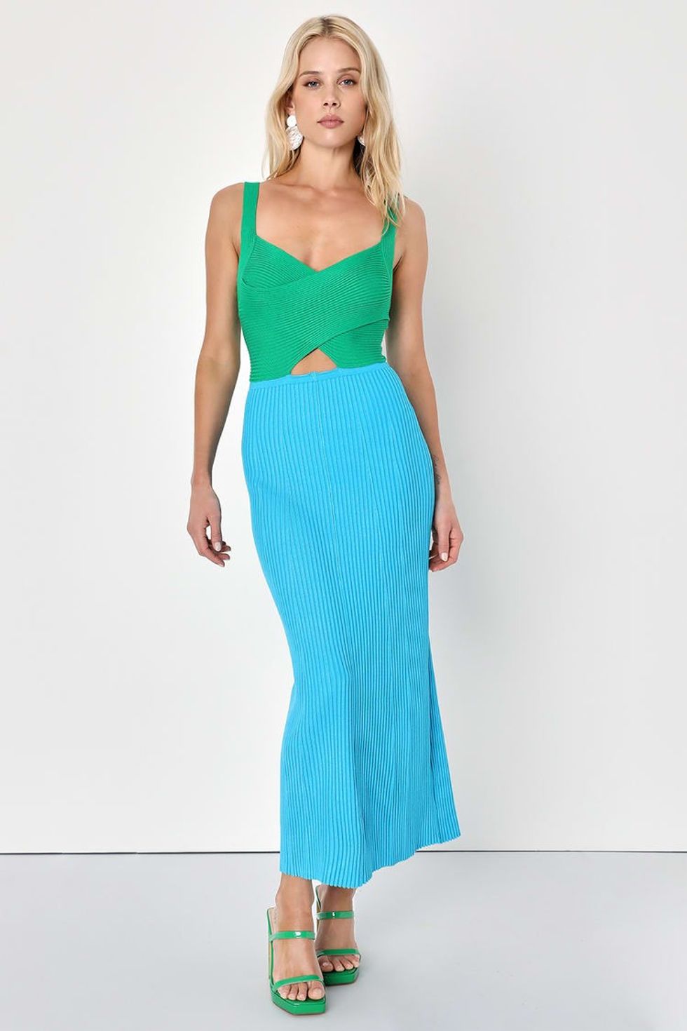 Lush Flirty Pairing Green and Blue Color Block Ribbed Cutout Dress spring dresses