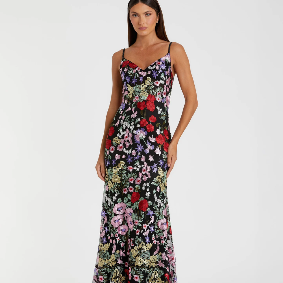 Mac Duggal Black Embroidered Floral Trumpet Gown