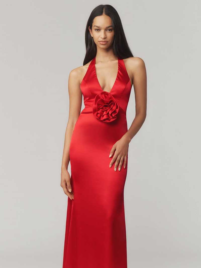 anthropologie red satin dress Shona Joy Tatum Mock-Neck Halter Cutout Ruched Satin Maxi Dress