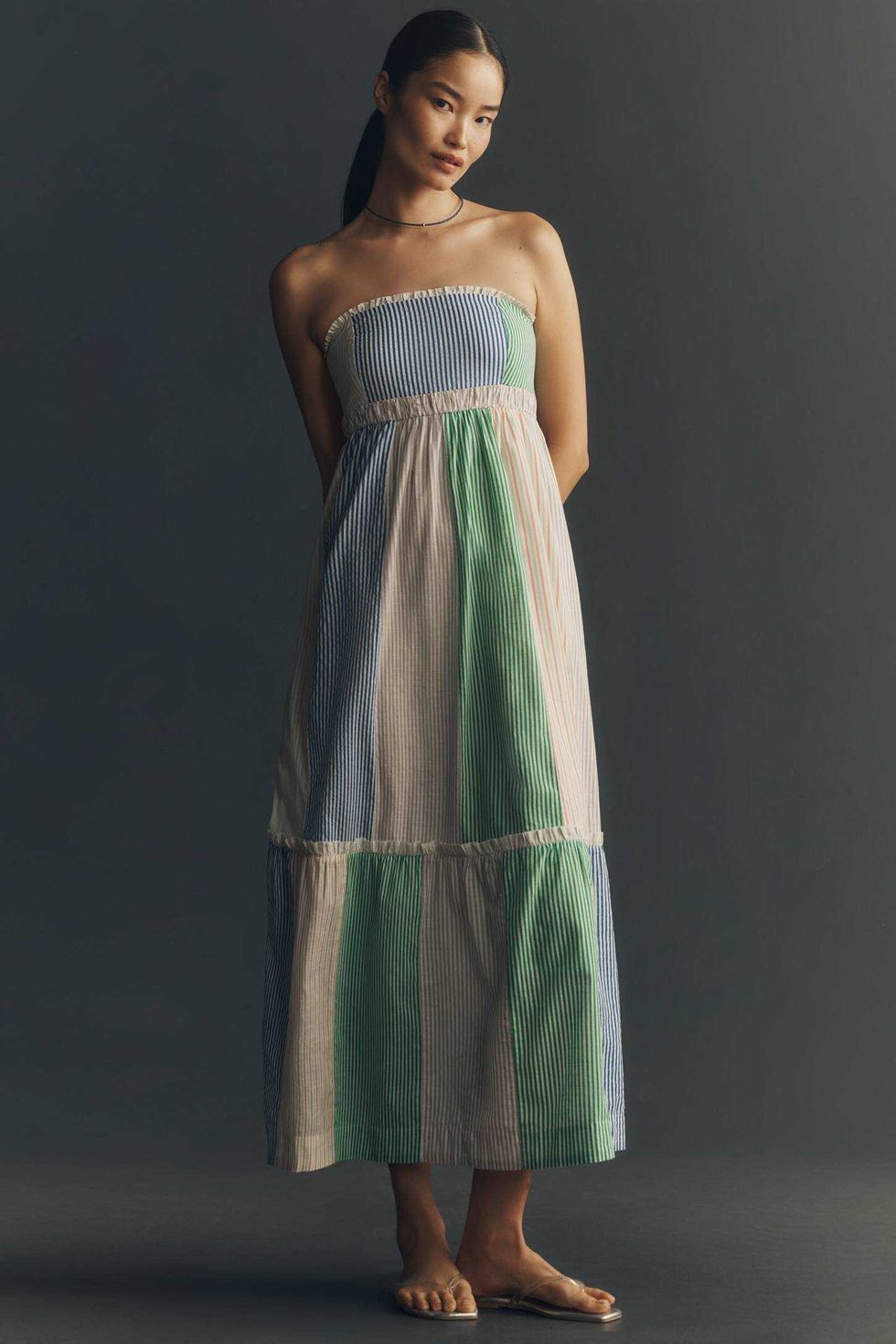 Maeve Cotton Strapless Colorblock Midi Dress