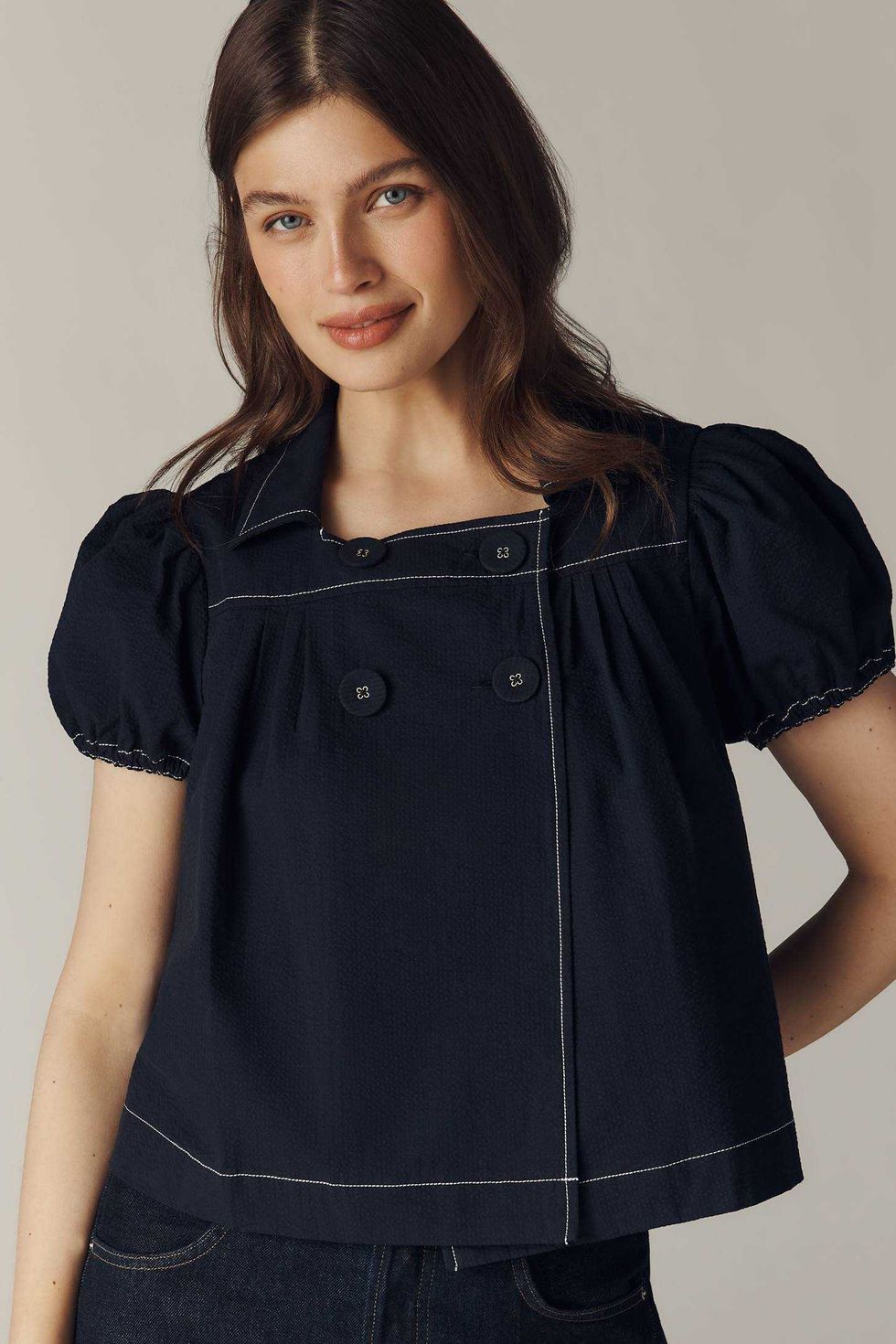 Maeve Puff Sleeve Double-Breasted Top