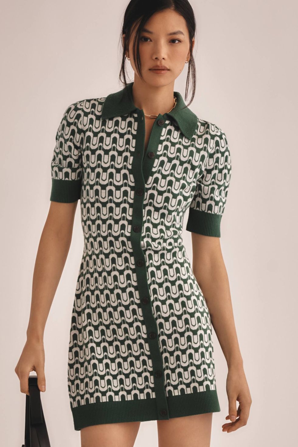 Maeve Short-Sleeve Collared Button-Front Knit Mini Dress