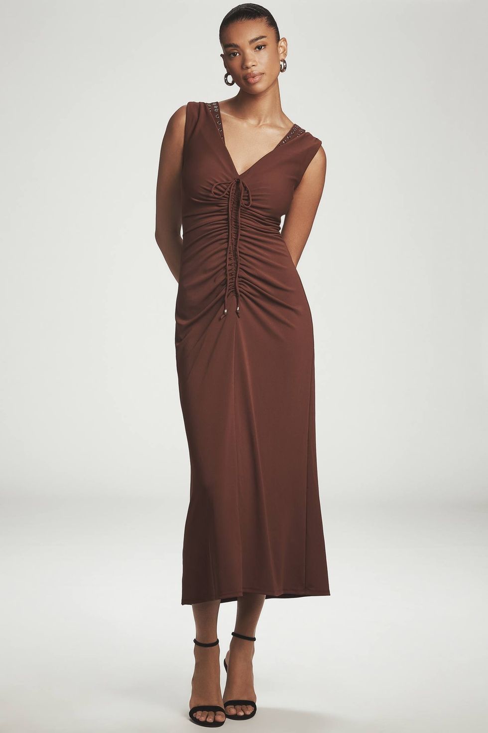 Maeve Sleeveless V-Neck Studded Ruched Midi Dress