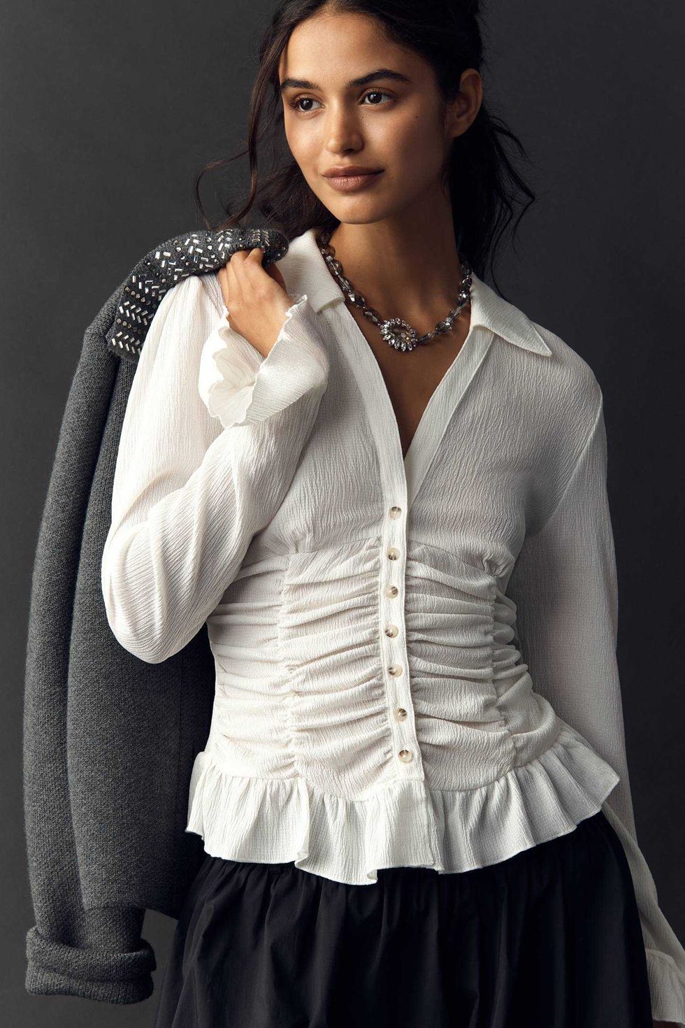 Maeve Smocked V-Neck Ruffle Top