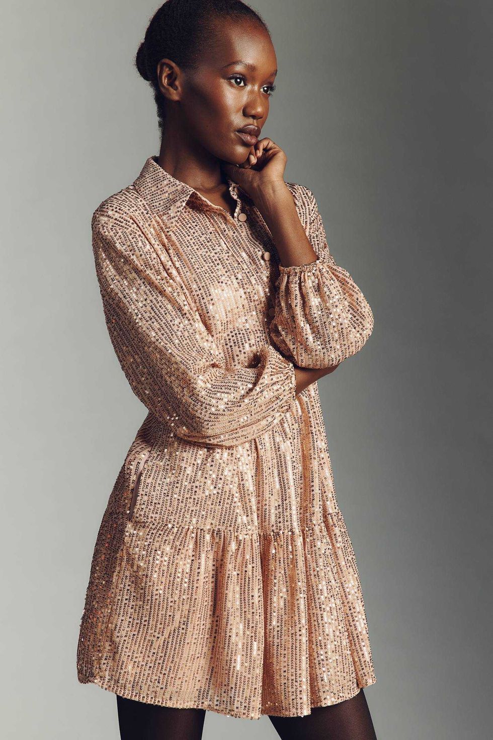 Maeve The Bettina Sequin Tiered Mini Shirt Dress