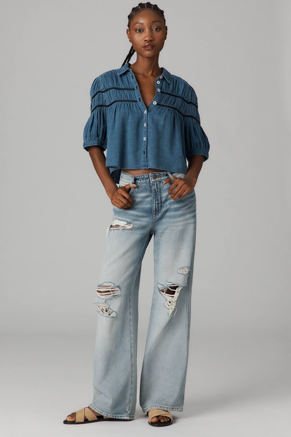Maeve The Leandra Shirred Yoke Blouse: Denim Edition
