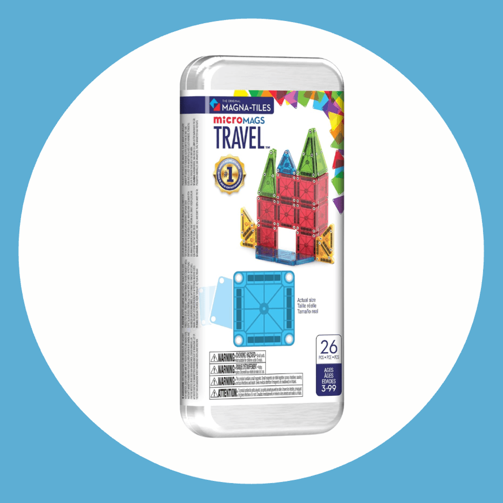 Magna-Tiles MicroMags Travel set packaging on a blue and white background.