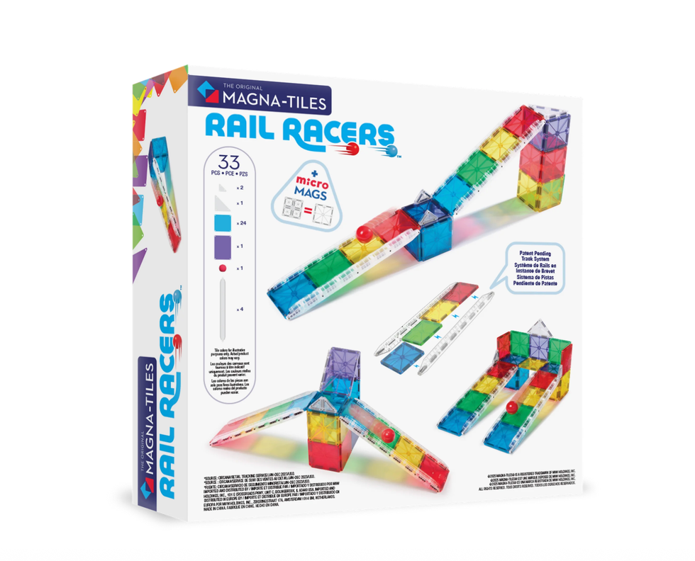Magna-Tiles Rail Racers box with colorful magnetic tiles and track system shown.