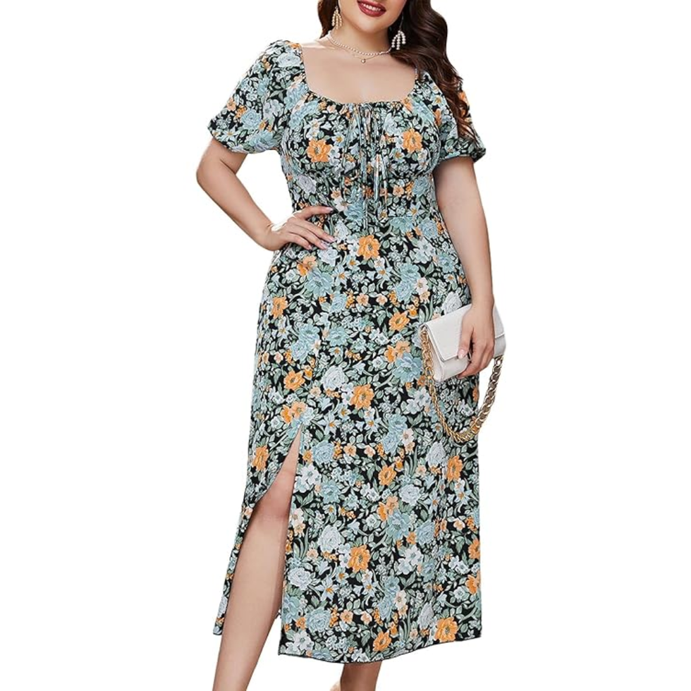 MakeMeChic Plus Size Floral Puff Sleeve Dress