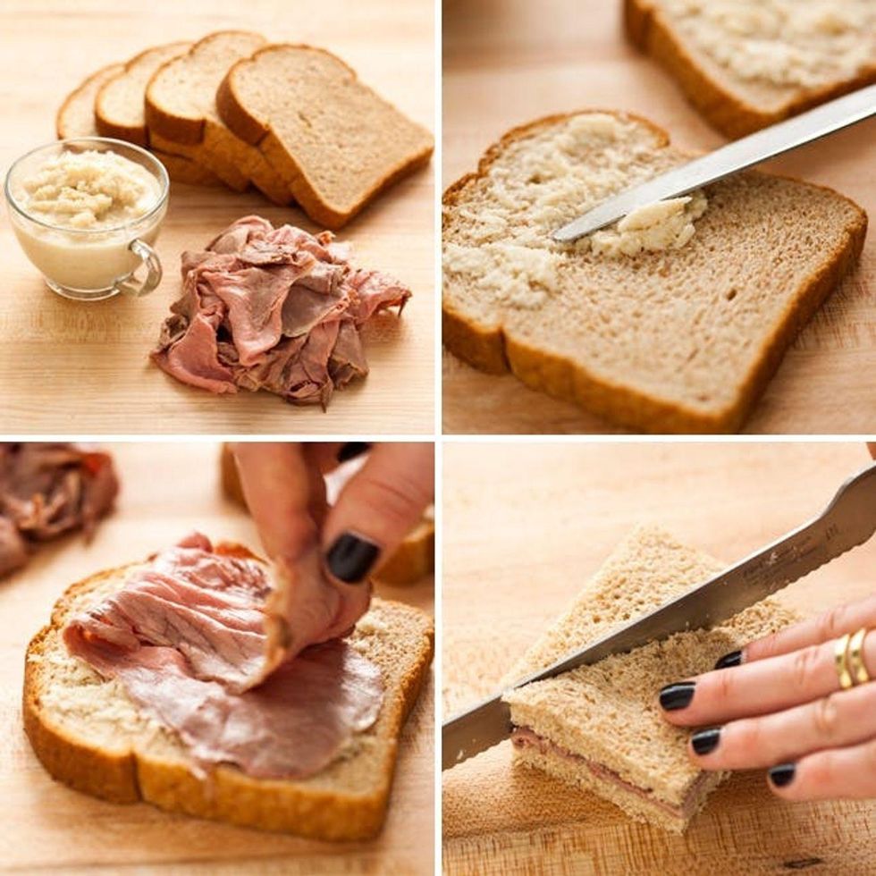 making the sandwich and cutting it into triangles