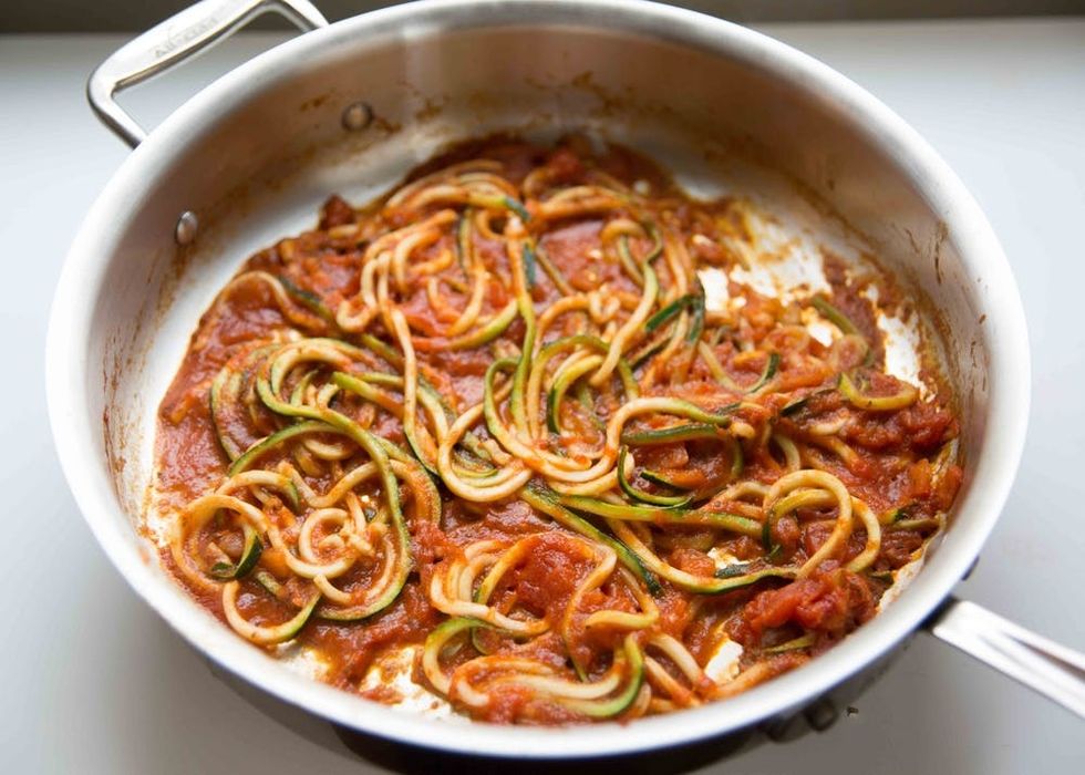 Making zoodles is as easy as cooking them over medium low heat in marinara sauce, one of our favorite ways to eat zucchini noodles.
