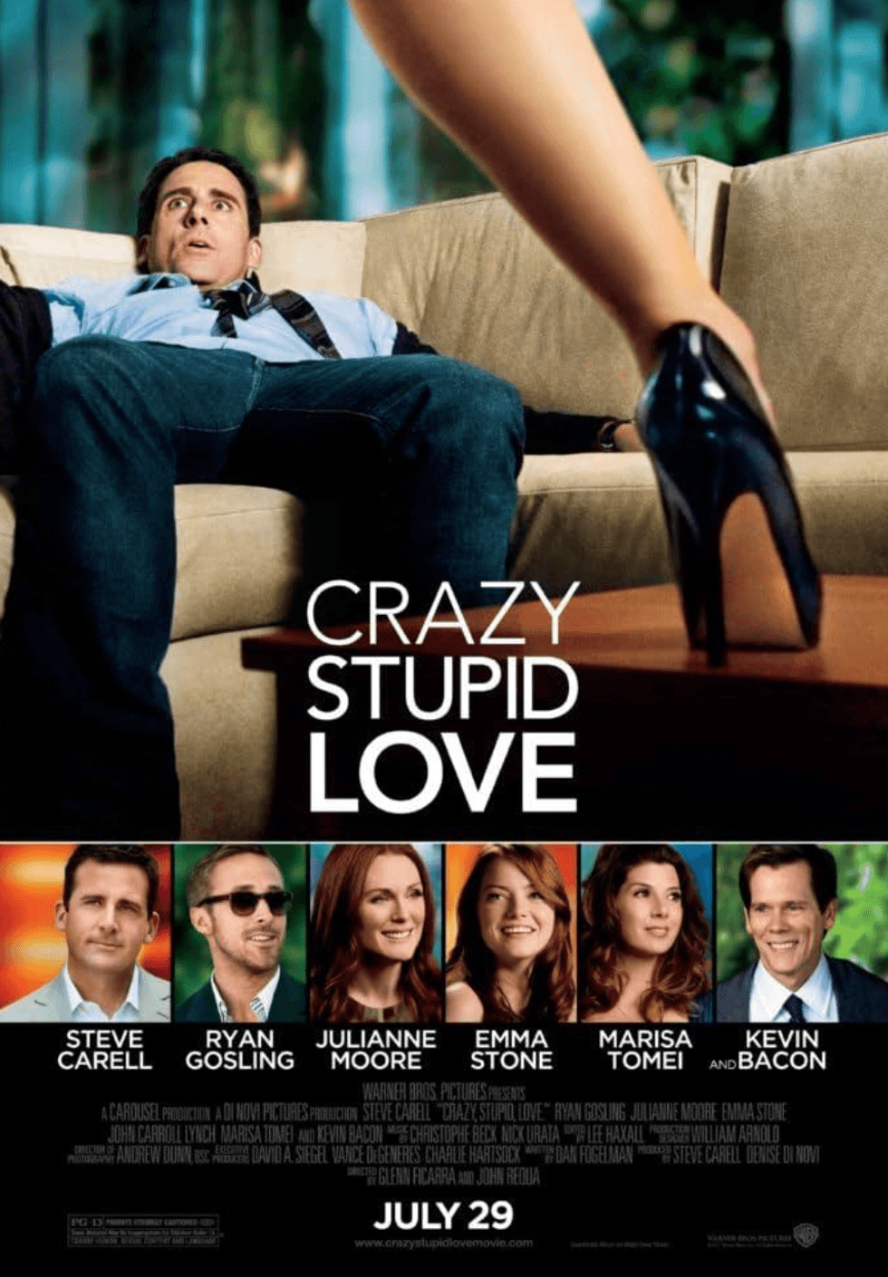 Man on couch shocked by woman in heels, movie title "Crazy Stupid Love" below.
