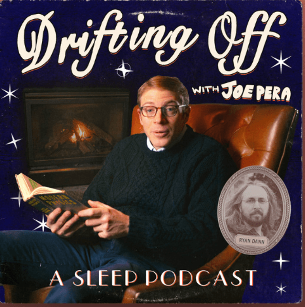 Man reading a book by a fireplace, titled "Drifting Off with Joe Pera: A Sleep Podcast."