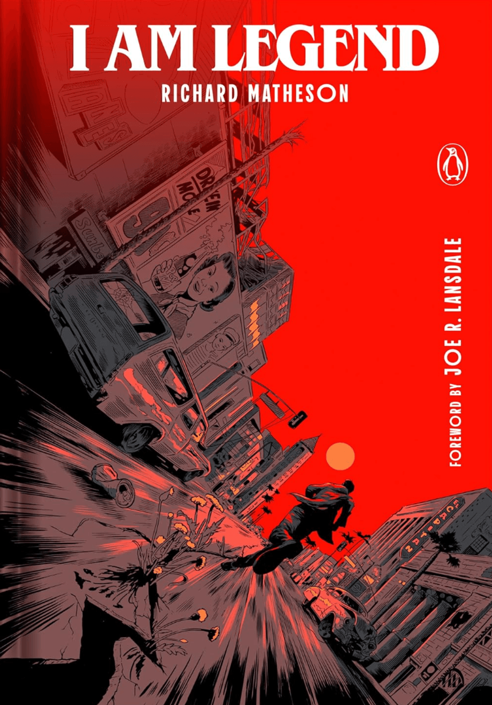 Man running through a desolate city street under a red sky, "I Am Legend" cover art.