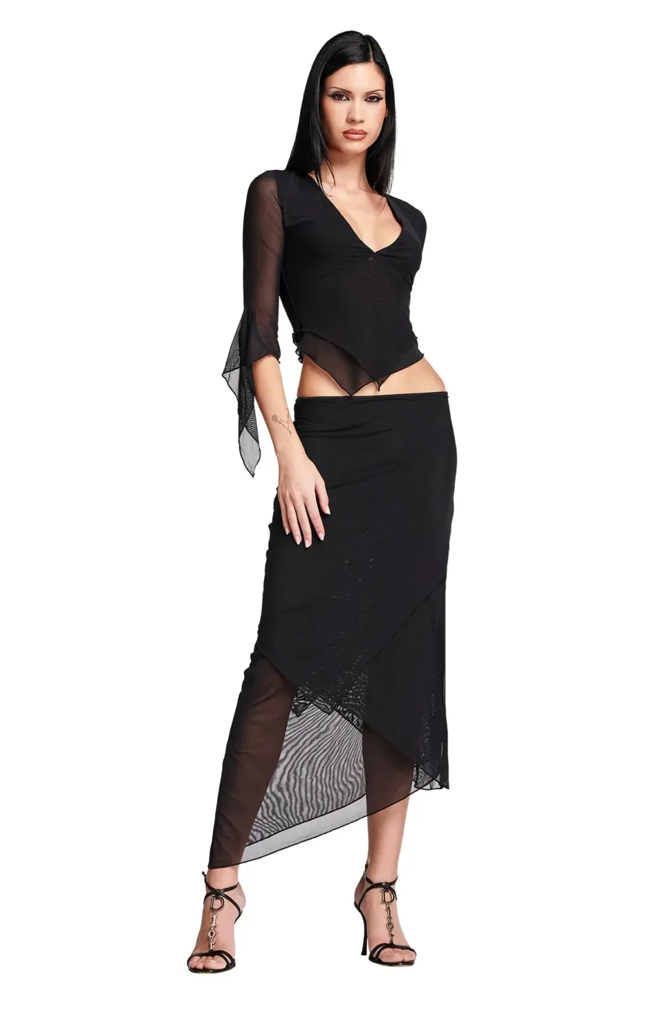 matching black top and skirt set mesh