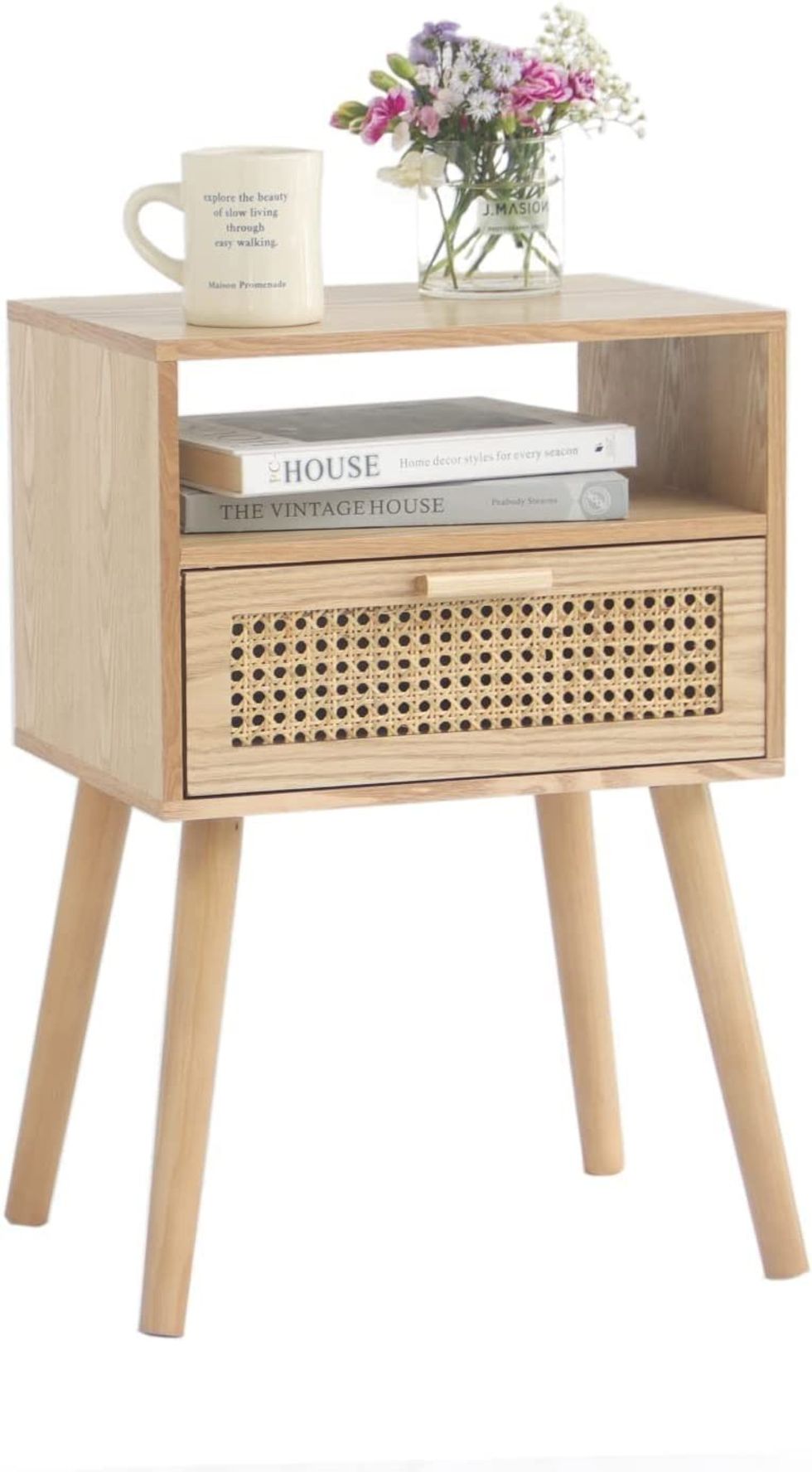 MaxSmeo Modern Nightstand Rattan Side Table with Storage