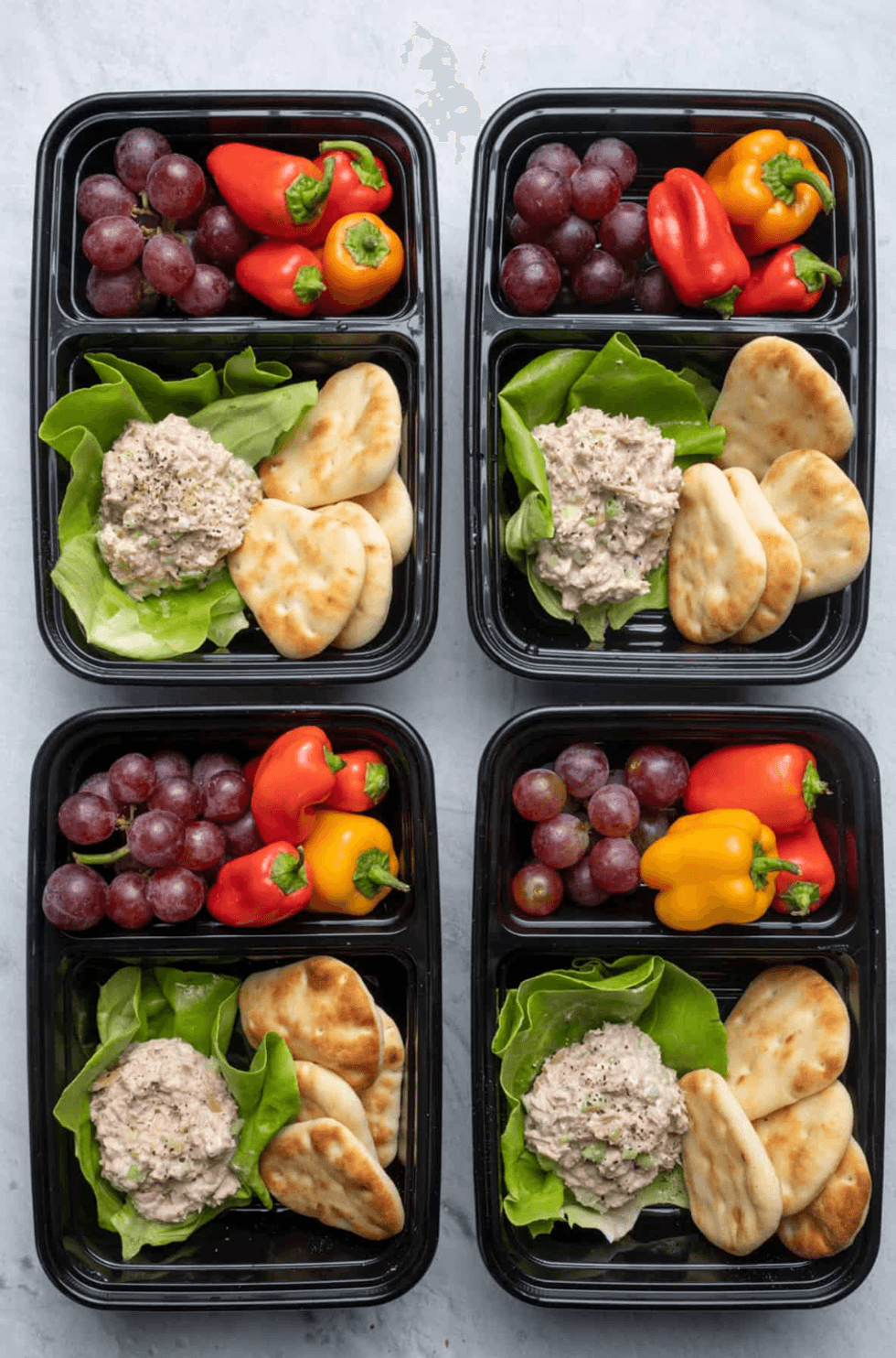 Meal prep containers with grapes, mini peppers, tuna salad, and pita.