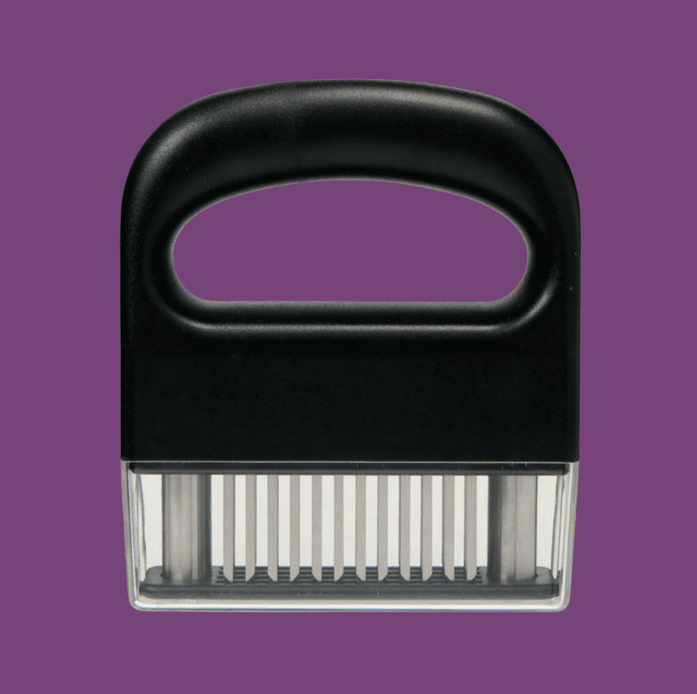 Meat tenderizer tool with a black handle on a purple background.