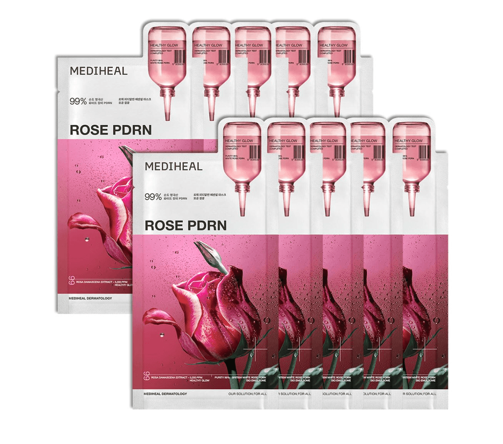MEDIHEAL Rose PDRN sheet mask packs with pink rose and serum bottle design.