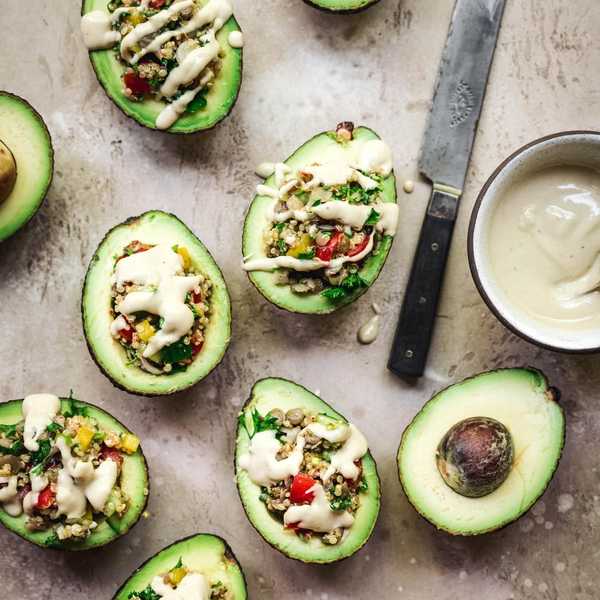 Mediterranean Stuffed Avocados with Tahini Dressing