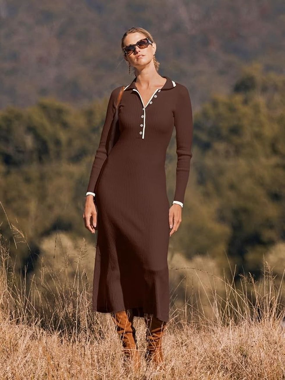 MEROKEETY Women's Long Sleeve V Neck Sweater Dress