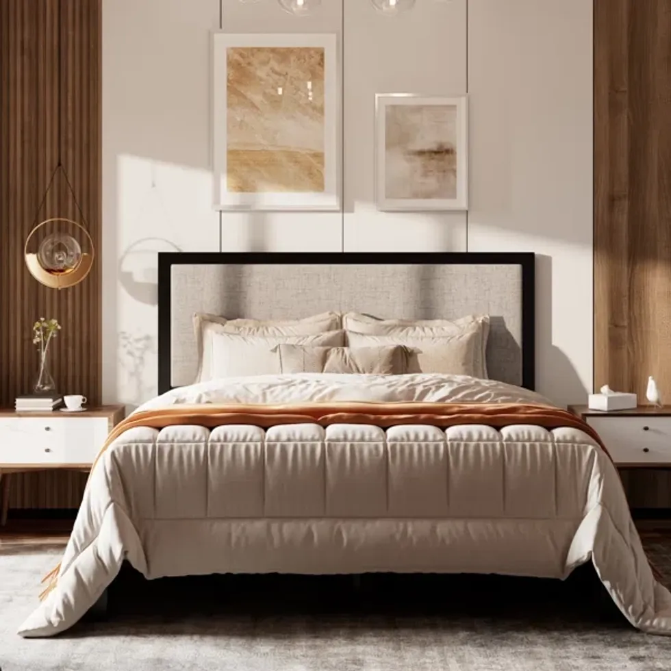 Metal Platform Bed with Upholstered Headboard