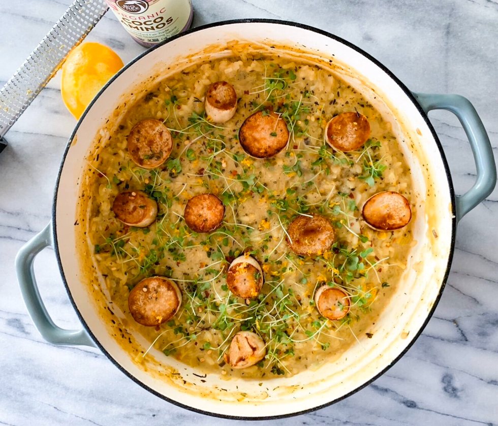 Meyer Lemon Saffron Risotto With Wild Mushrooms in a large pot