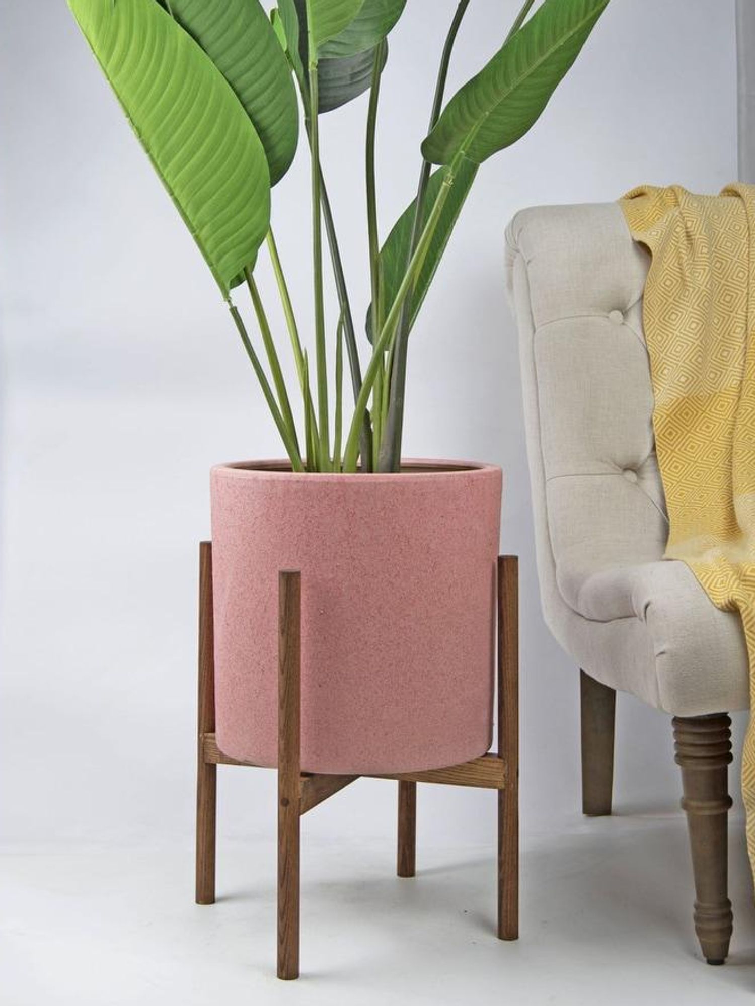 Mid-Century Modern Ceramic Planter With Wood Stands