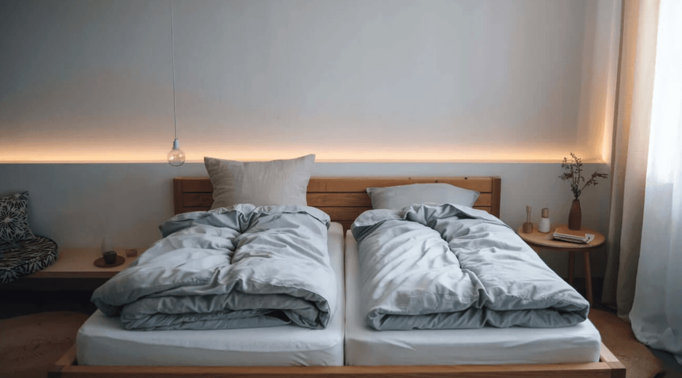 Minimalist bedroom with twin beds, soft lighting, and simple decor.