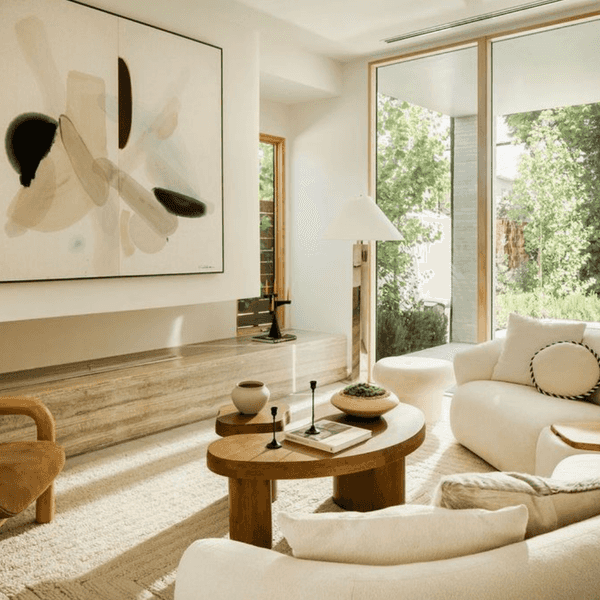 Minimalist living room with abstract art and large windows with garden view.