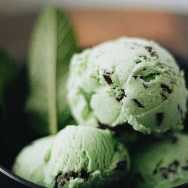 Mint chip ice cream scoops in a bowl with a leaf garnish.