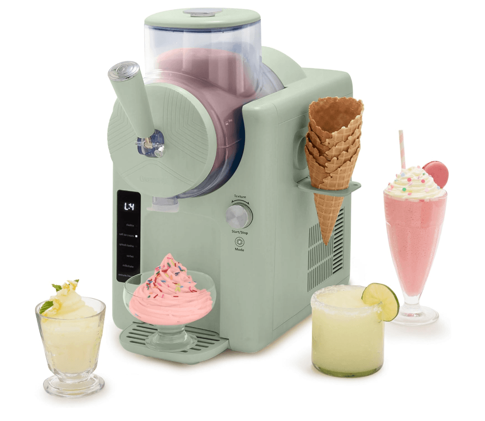 Mint green dessert maker with ice cream, smoothie, and cocktail beside it.