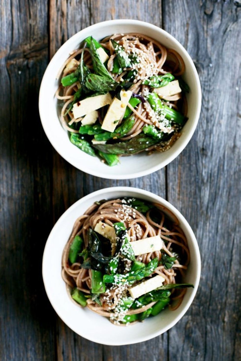 Miso Orange Sesame Noodle Salad With Thai Basil, Asparagus and Tofu