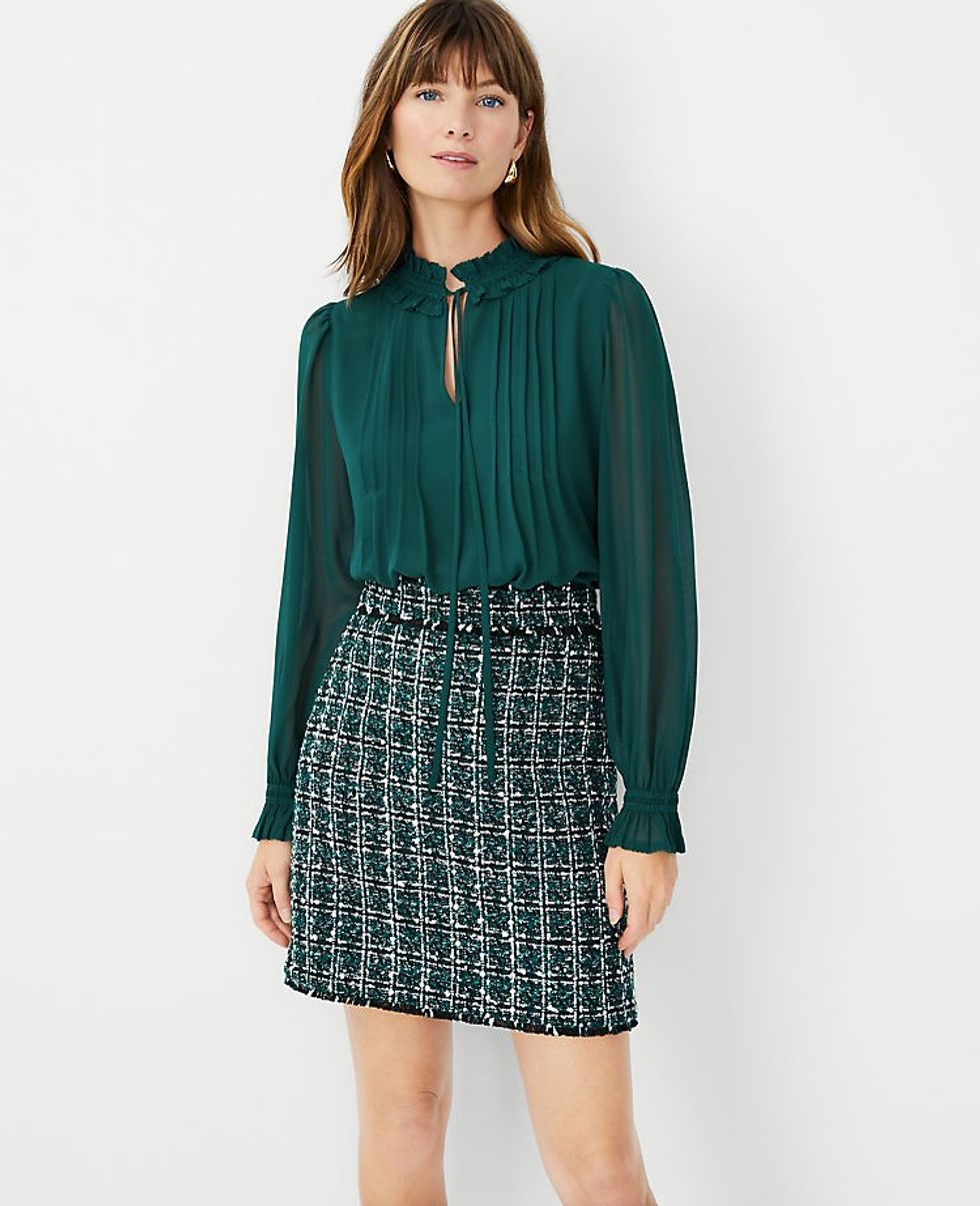 Mixed Media Ruffle Neck Pleated Yoke Top