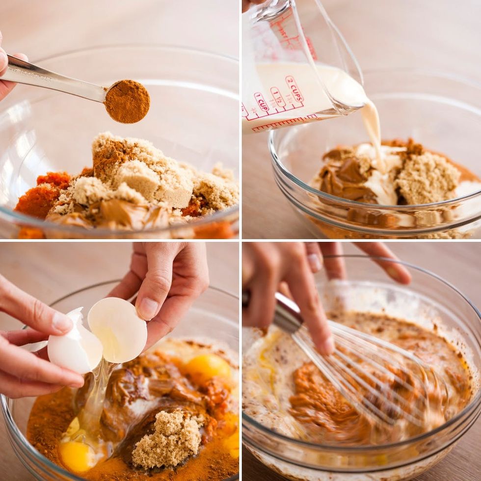 mixing the eggs and pumpkin puree