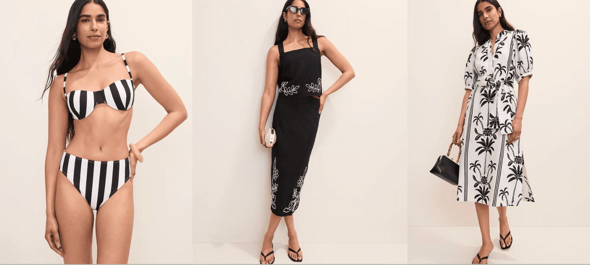 Model in striped bikini, black dress, and palm print dress with accessories.