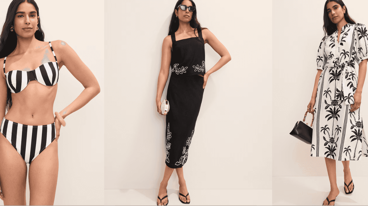 Model in striped bikini, black dress, and palm print dress with accessories.