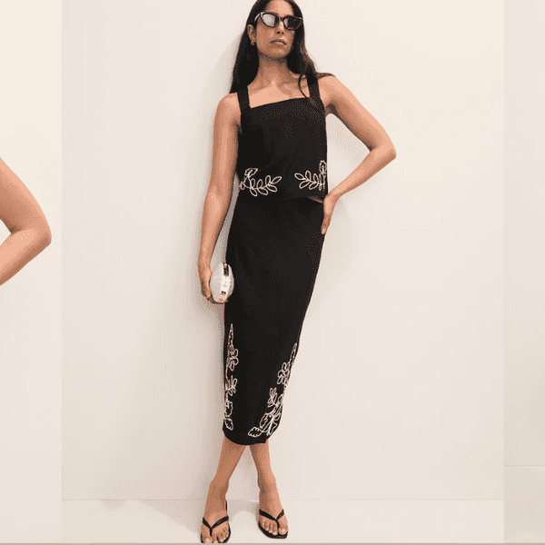 Model in striped bikini, black dress, and palm print dress with accessories.