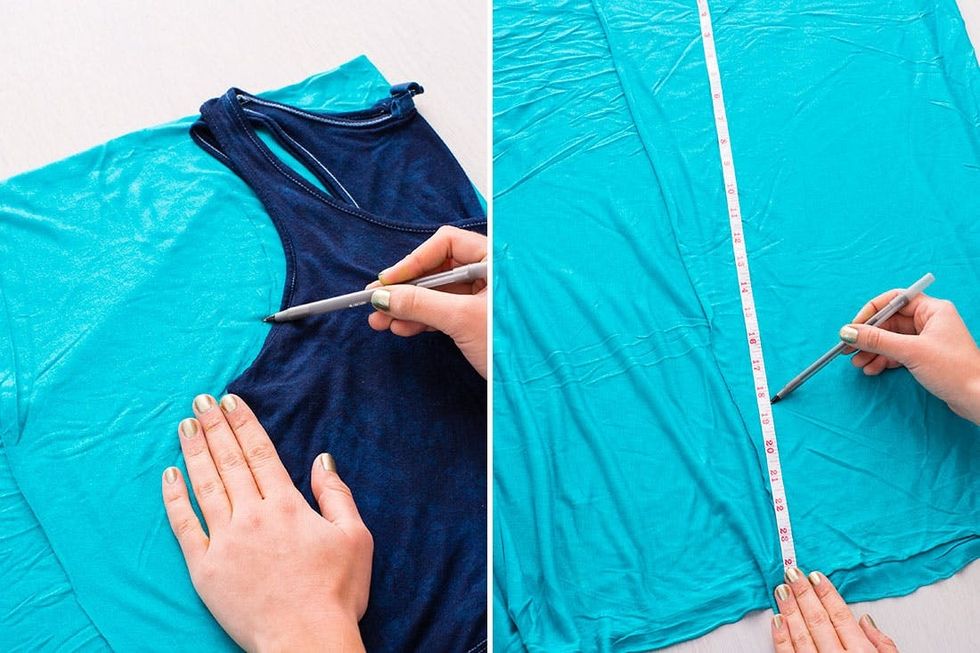 model traces a tank top onto the blue Beach_cover_ups