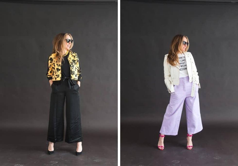 model wearing black outfit and white and purple outfit how to create an outfit