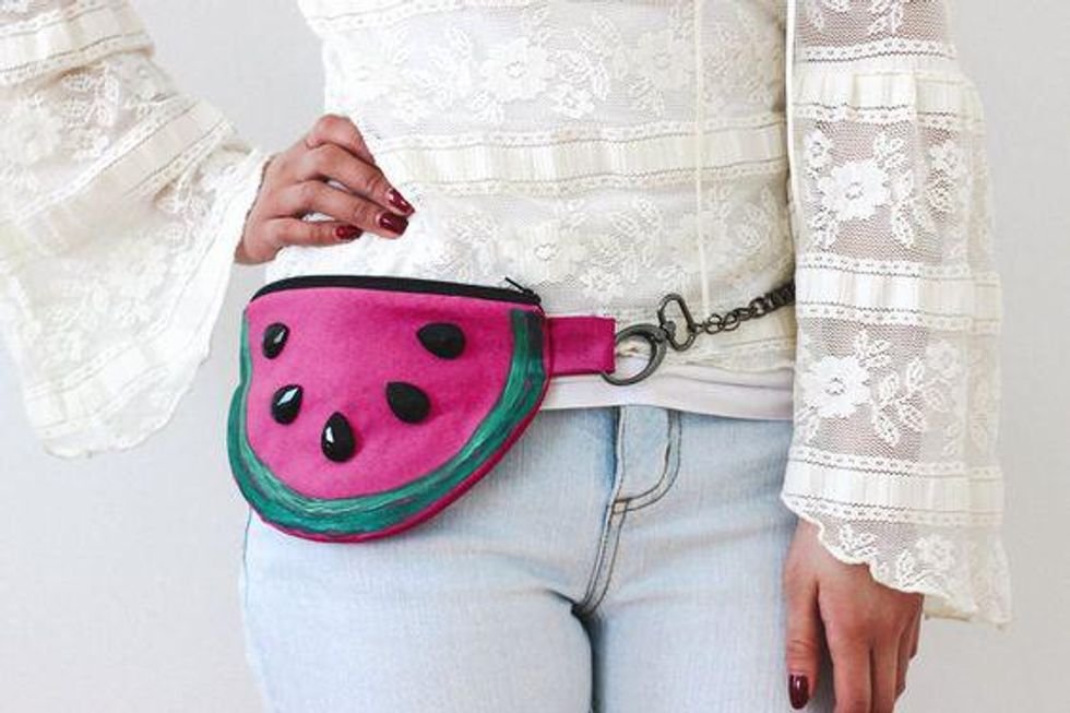 model wearing watermelon fanny pack