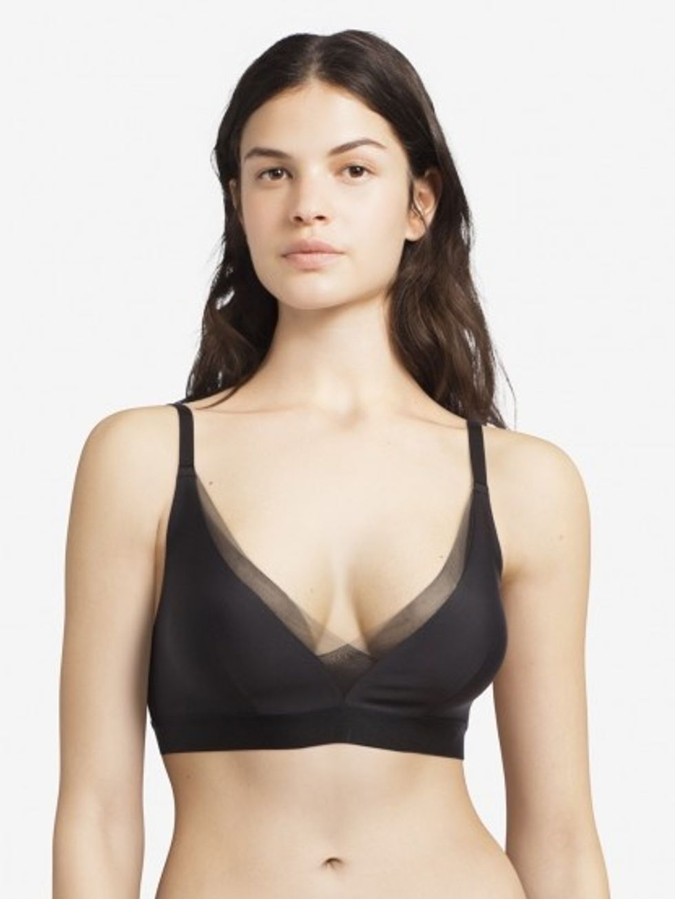 model wears black wireless bra