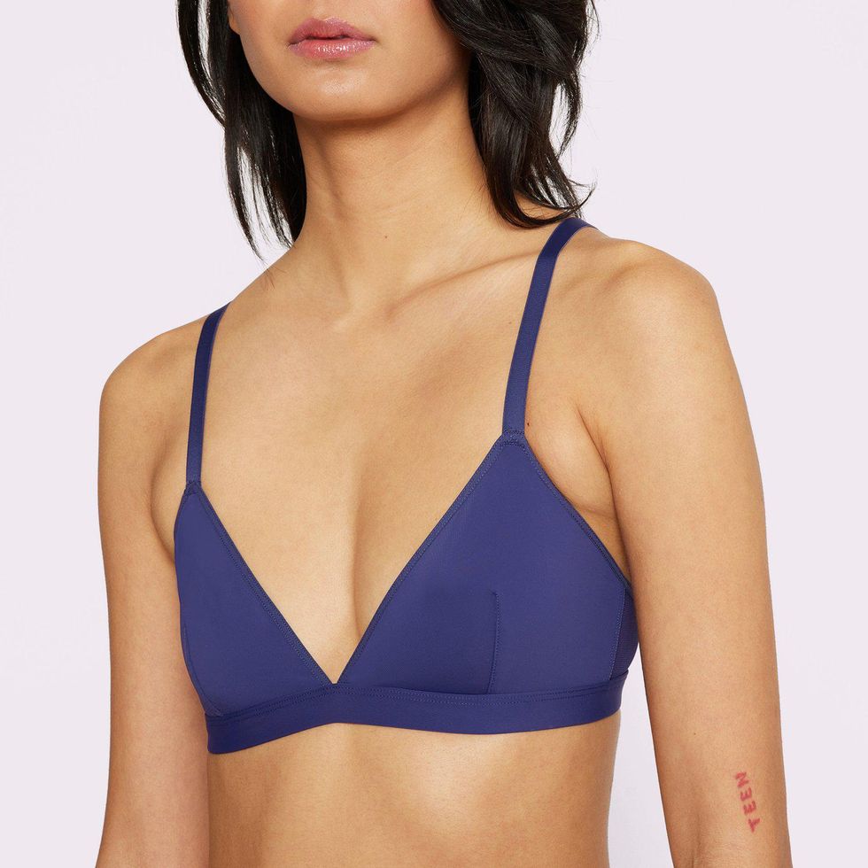 model wears royal blue bra with v neck