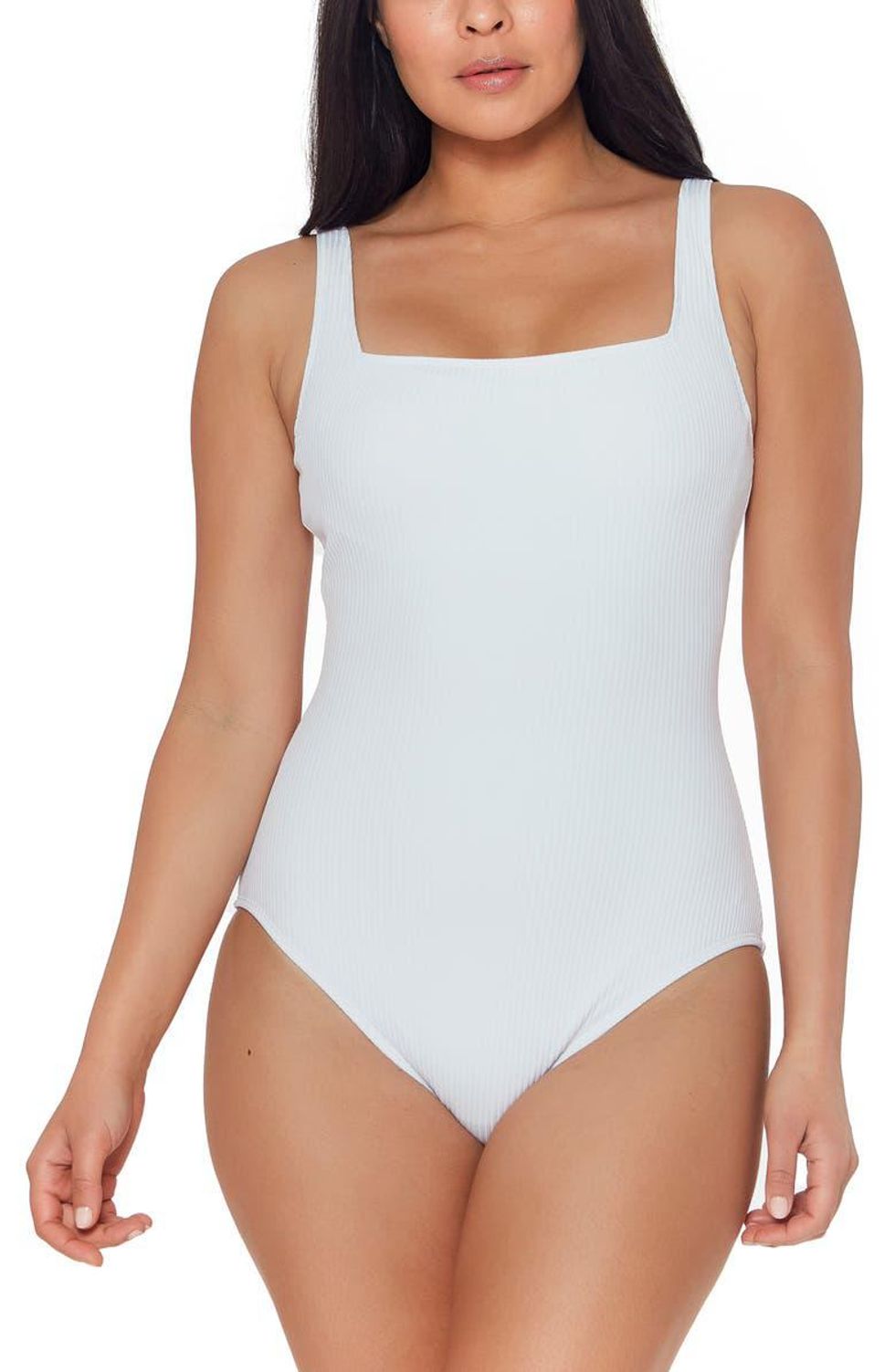 model wears square neck white one piece swimsuit