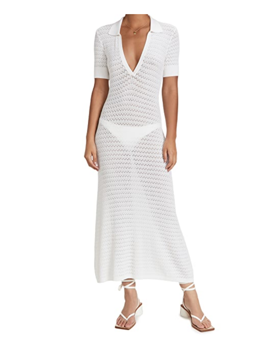 model wears white cover up dress with matching white sandals