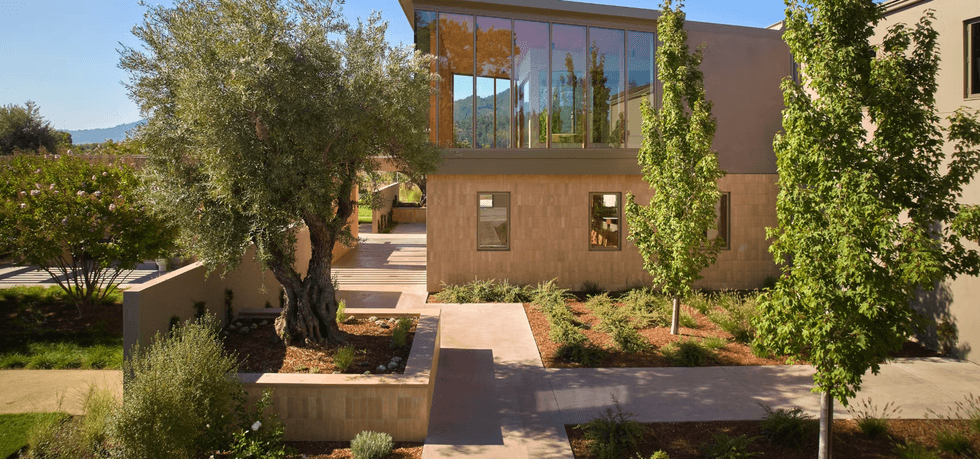 Modern building with large windows, surrounded by trees and landscaped greenery.