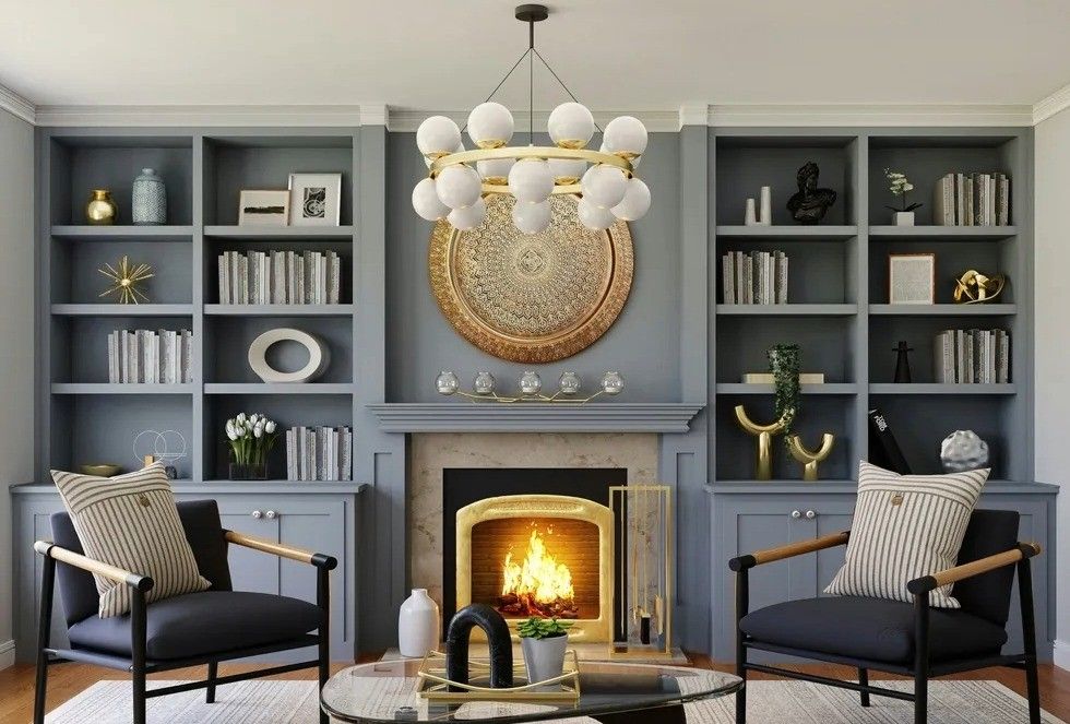 Modern living room with fireplace, gray shelves, and elegant decor.