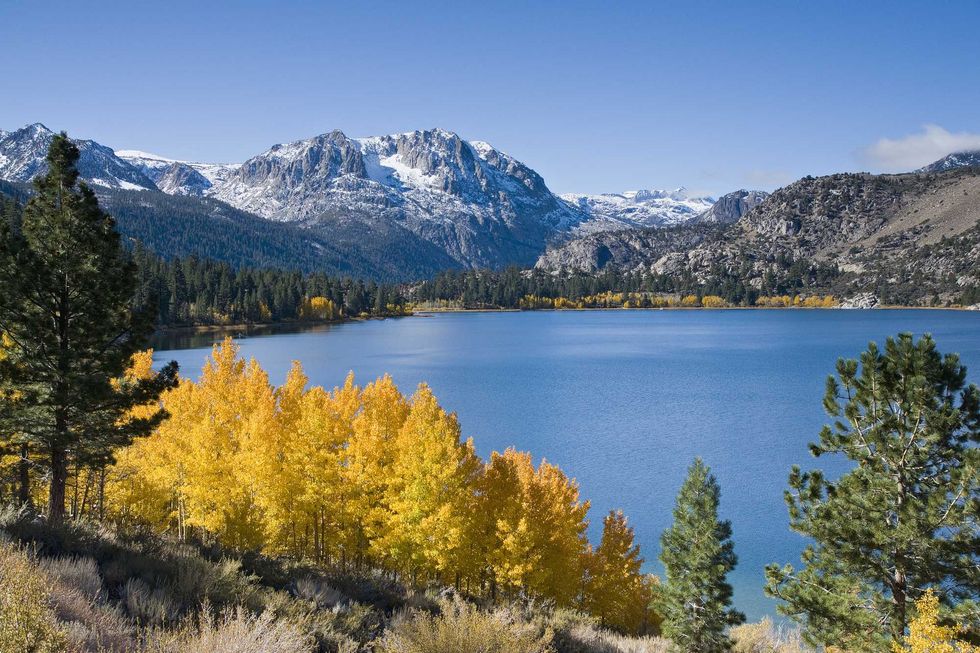 Mountain lake with snow-capped peaks, yellow autumn trees, and vibrant blue water.